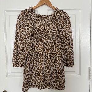 Crewcuts Dress 8 Girls J. Crew Cheetah Leopard Cotton Puff Long Sleeve Smocked